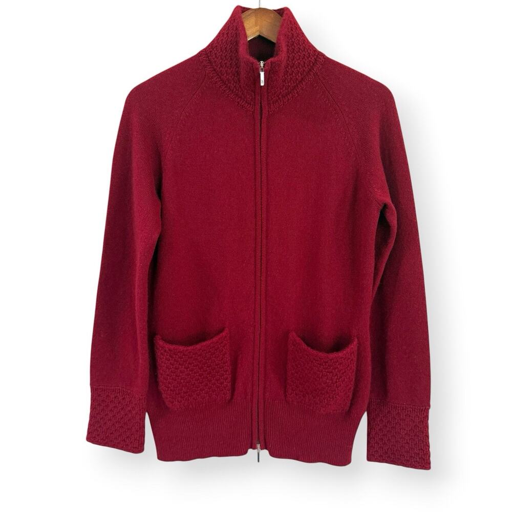 Enzo Mantovani Red 100% Cashmere Full Zip Mock Neck Cardigan Sweater Large Italy